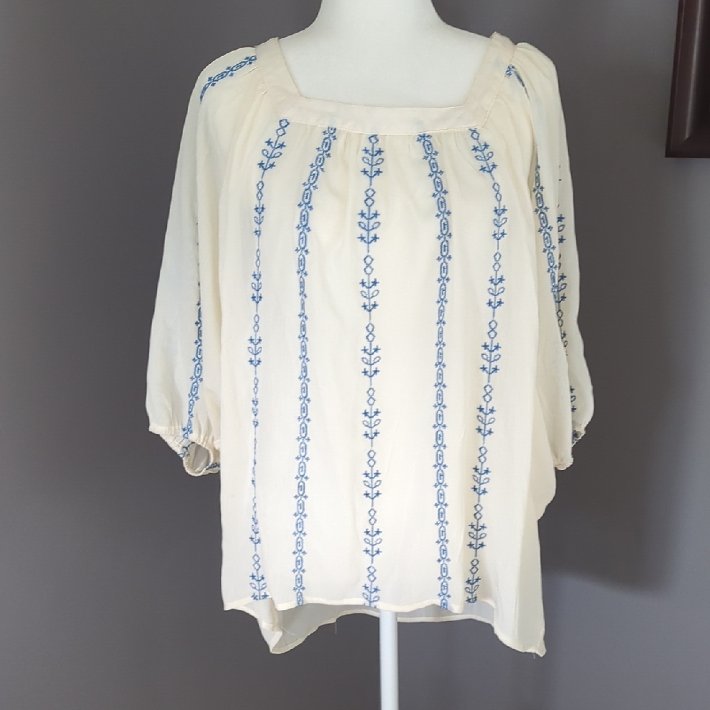 3 For $30. Umgee Cream Blouse with Blue Embroidery